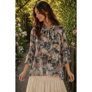 Sheer Floral Tie Neck Blouse Bell Sleeve Size L Boho Cottagecore Whimsigoth